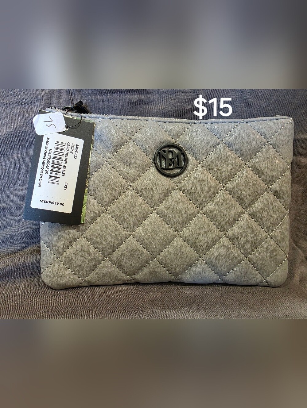 Badgley Mischka Quilted Gray Clutch with Logo Accent